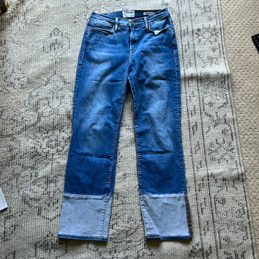 Frame Denim Two-Tone Cuffed Blue Jeans